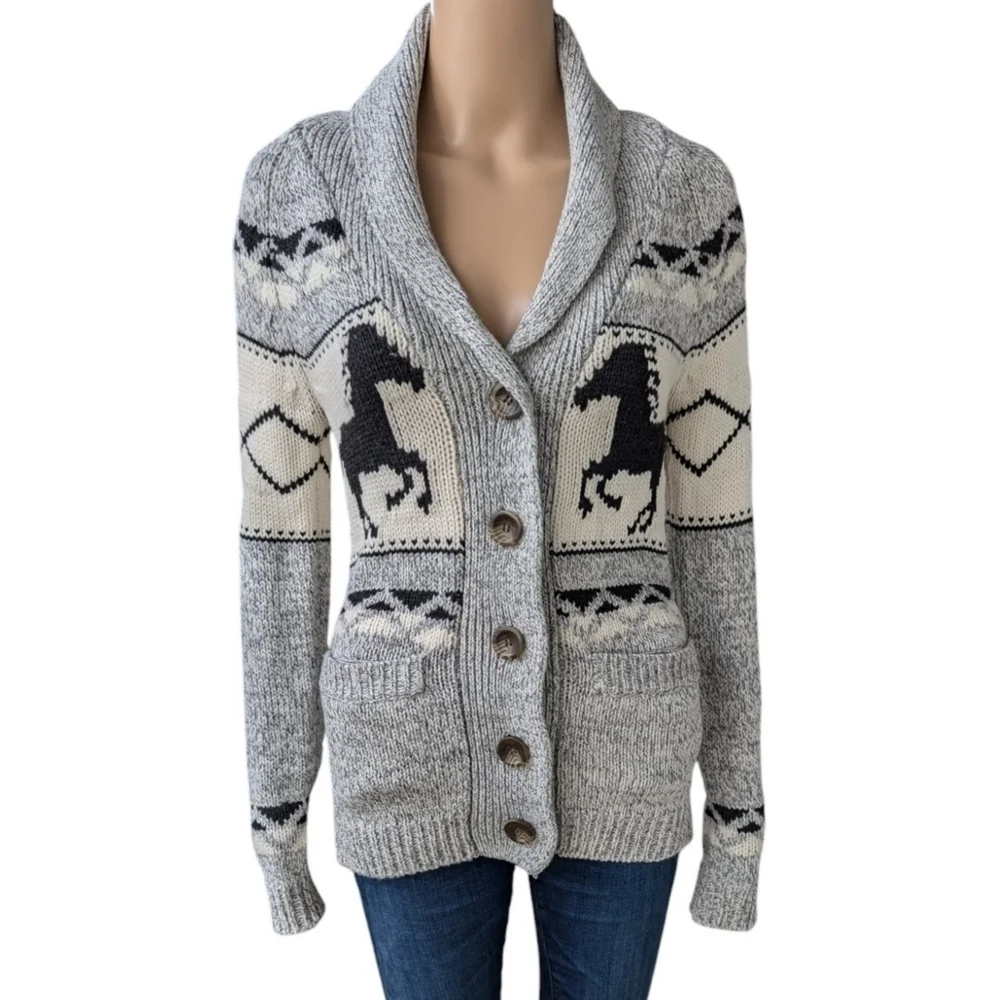 Bluenotes Cowichan Western Aztec Horse Knit Cardigan Shawl Collar XS - Picture 2 of 10
